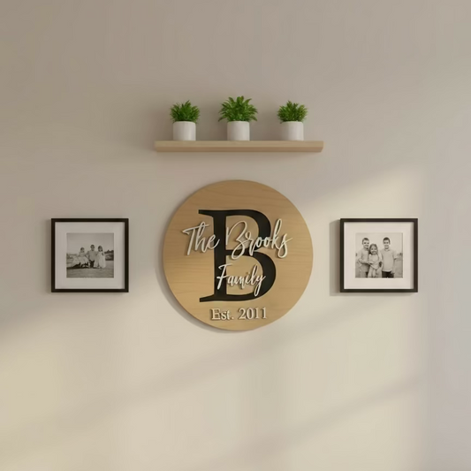 Round wooden sign with 'The Brooks Family' and 'Est. 2011' text on a white background